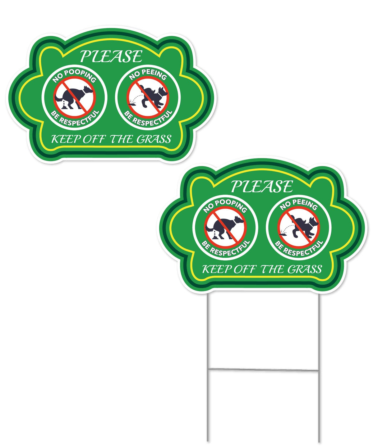 Mr. Pen no peeing dog sign two-pack displayed in a sunny lawn.