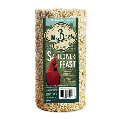 Mr. Bird Safflower Feast cylinder on a feeder attracts cardinals and blue jays with minimal mess.