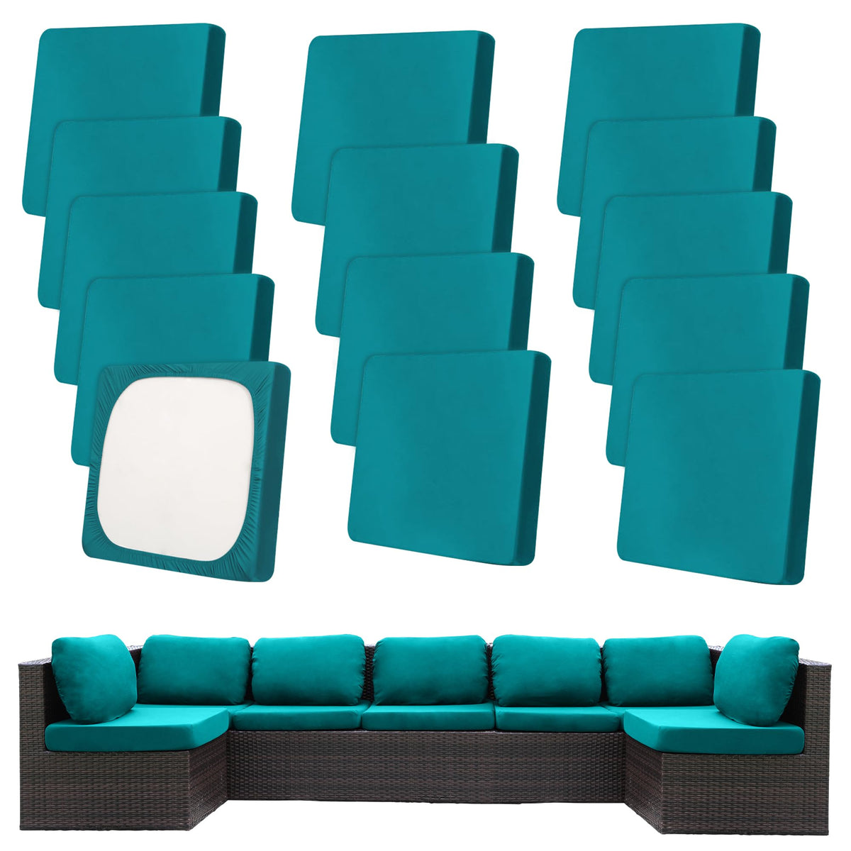 MRGSDL peacock blue outdoor cushion cover set with flexible fit and soft touch.