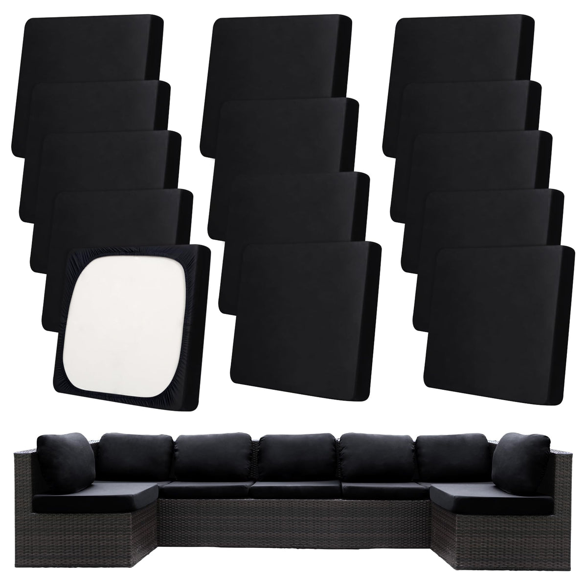 MRGSDL 14pcs black patio cushion covers pack shot highlighting stretch fabric