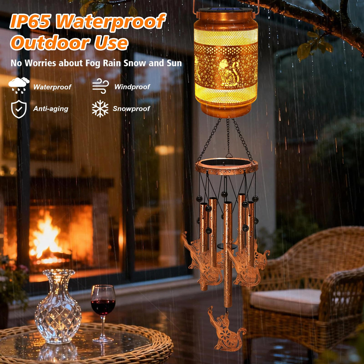 MRHEPHAESTUS solar chime hangs on patio for tranquil evenings.