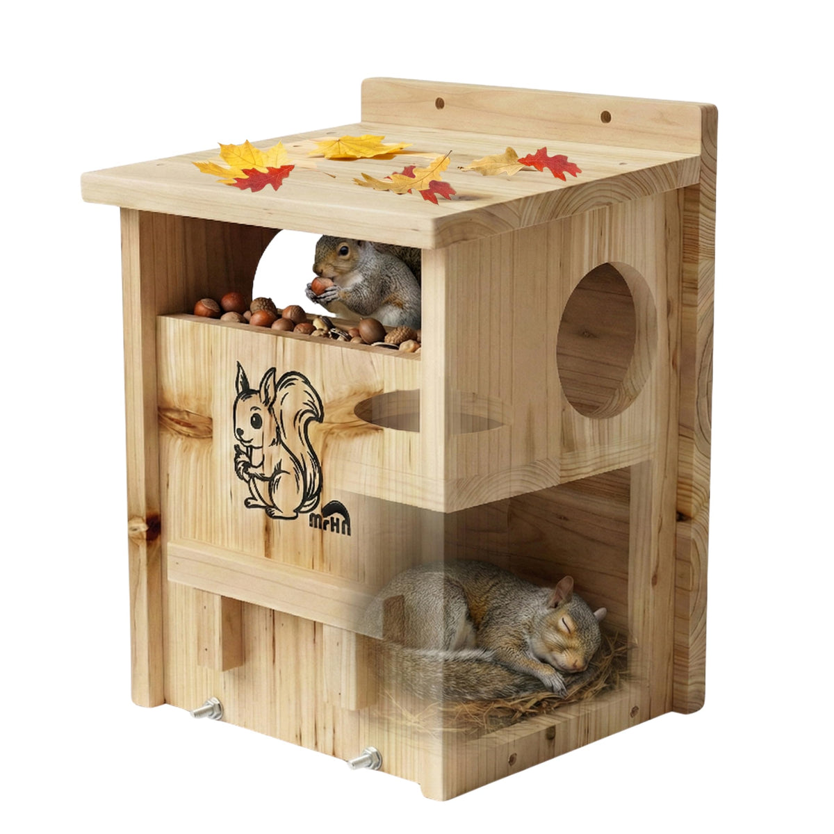 MRHN Squirrel House with Feeder exterior view highlighting natural pine finish for outdoor habitats.