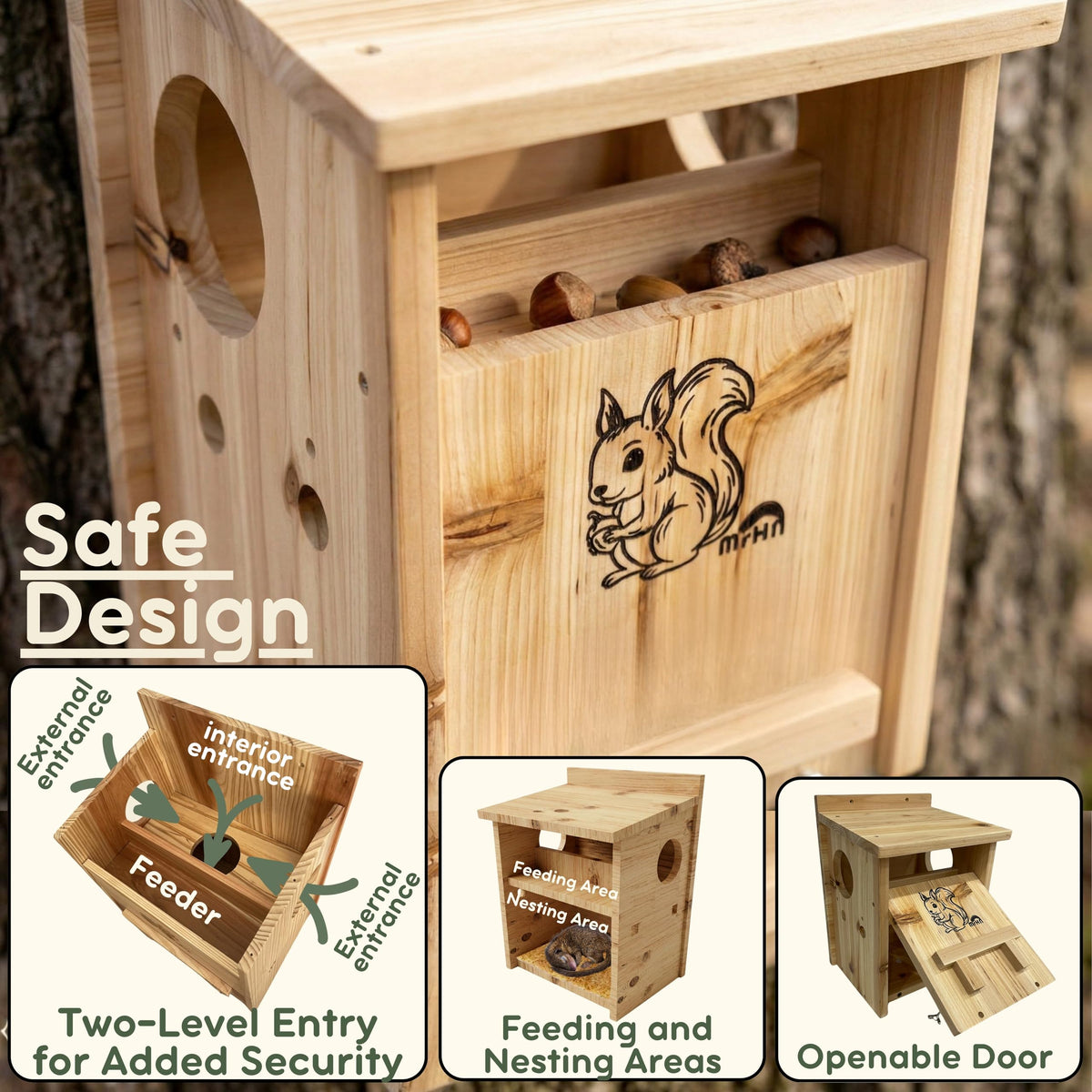 MRHN Squirrel House with Feeder front panel open for easy cleaning and maintenance.