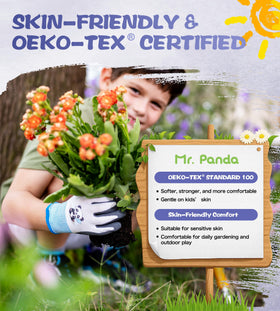 Child wearing Mr.Panda gloves while gardening