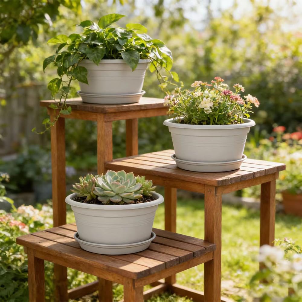 Durable polypropylene construction withstands weather and sun, suitable for indoor and outdoor use.
