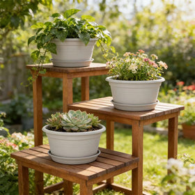 Durable polypropylene construction withstands weather and sun, suitable for indoor and outdoor use.