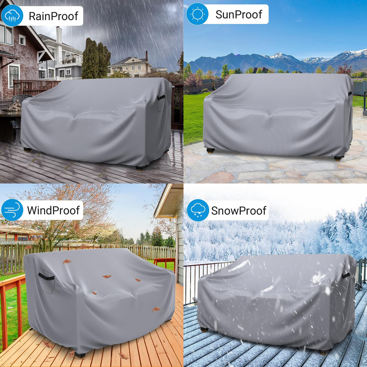 Grey outdoor protection for a 3-seat sofa keeps furniture ready for gatherings