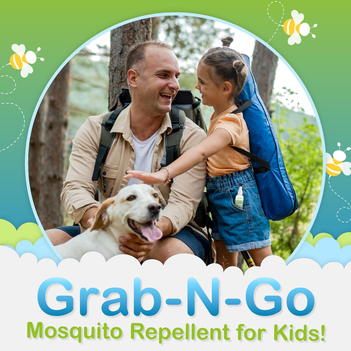 Ms. Pixie's Mosquito Repellent being sprayed during outdoor play for kids.