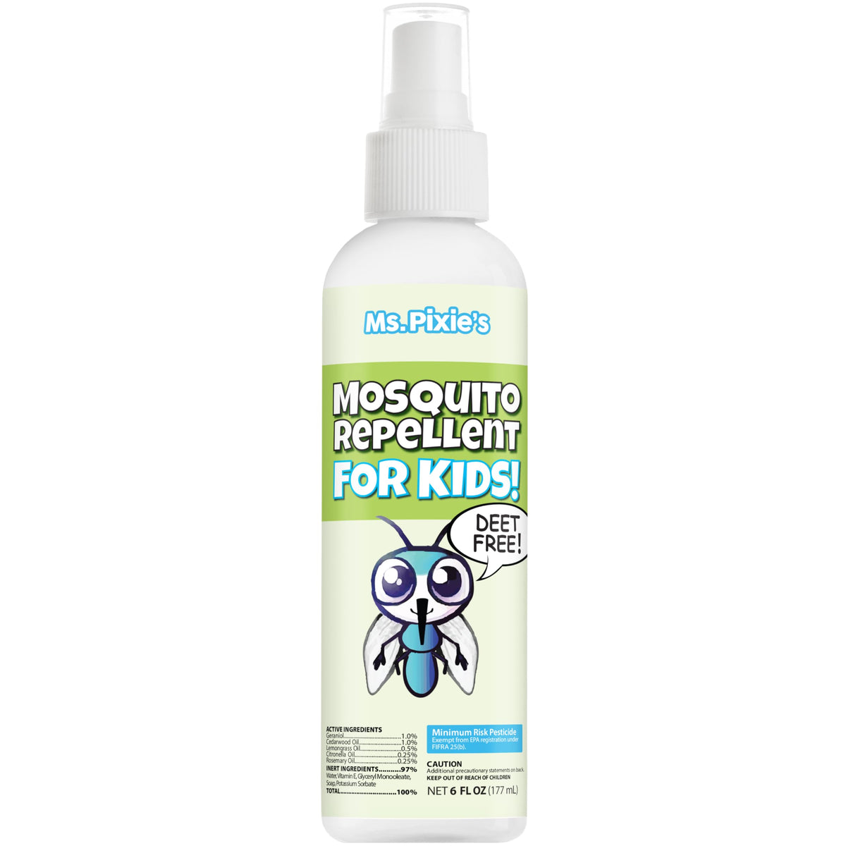 Ms. Pixie's Mosquito Repellent bottle (6 oz) on a sunny patio for family outdoor protection.