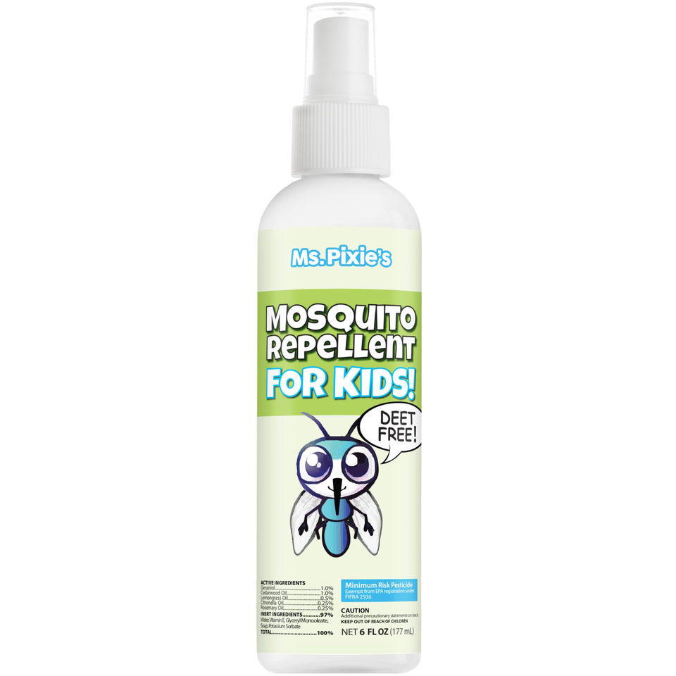Ms. Pixie's Mosquito Repellent bottle (6 oz) on a sunny patio for family outdoor protection.