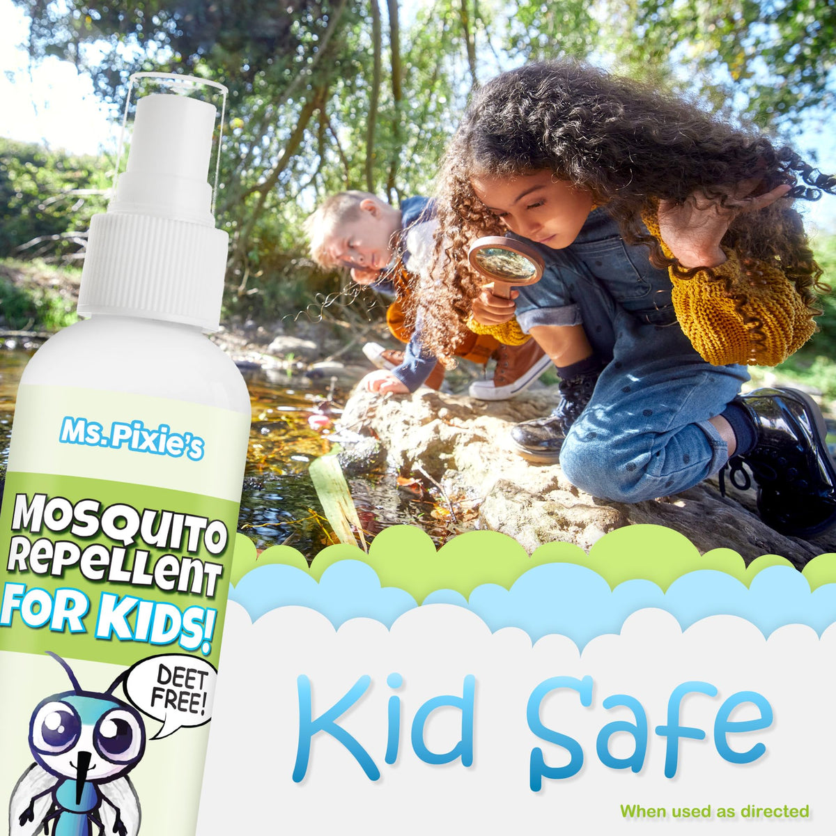 Ms. Pixie's plant-based formula bottle highlighting natural mosquito deterrence for families.