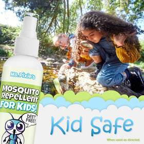 Ms. Pixie's plant-based formula bottle highlighting natural mosquito deterrence for families.