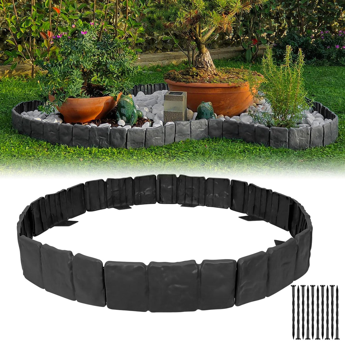 MSISILY garden edging border with no-dig setup and black stone finish.