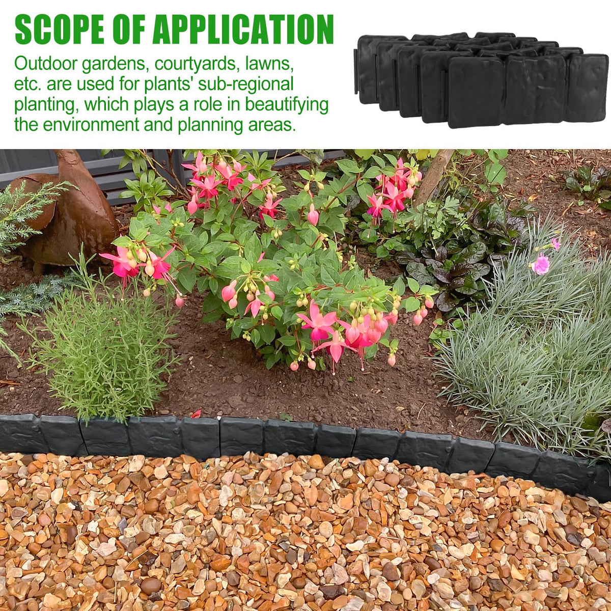 MSISILY black stone-look edging adds natural separation between lawn and beds.
