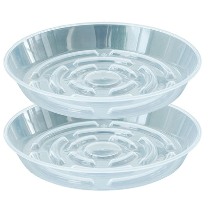MSKIAUO 2-pack 10-inch clear plant saucer for indoor pots keeps surfaces dry.