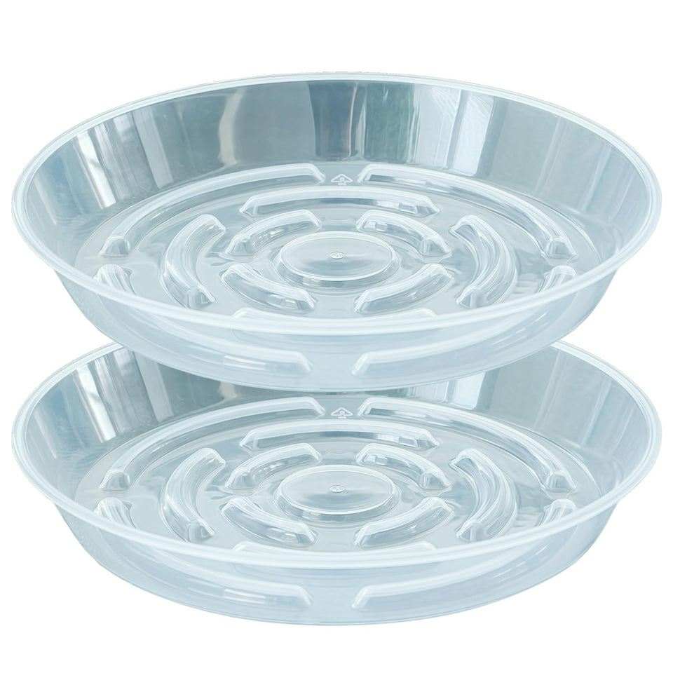 MSKIAUO 2-pack 10-inch clear plant saucer for indoor pots keeps surfaces dry.