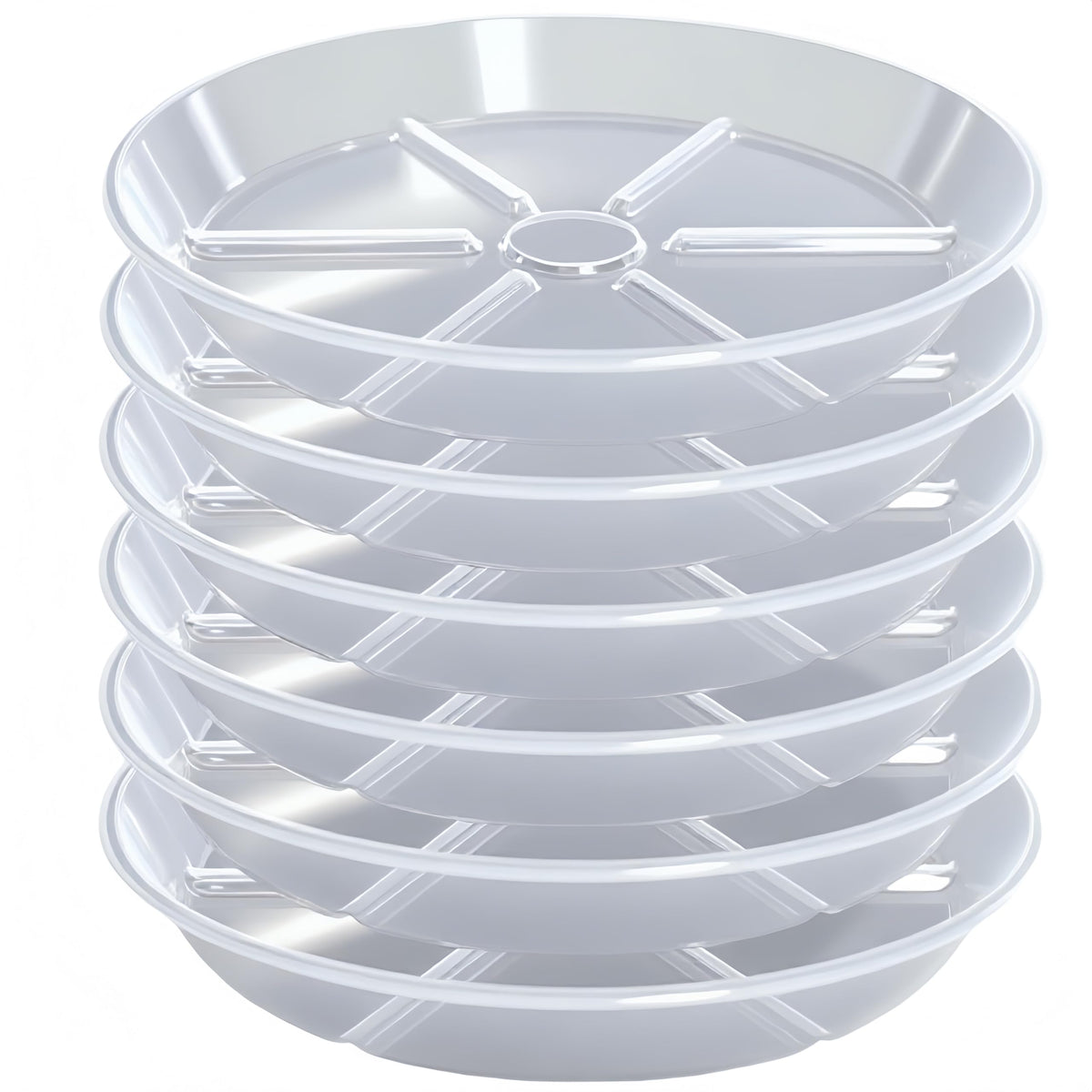 MSKIAUO 6-pack plant saucers in clear 10-inch size for efficient drainage control.