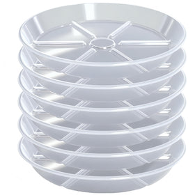 MSKIAUO 6-pack plant saucers in clear 10-inch size for efficient drainage control.