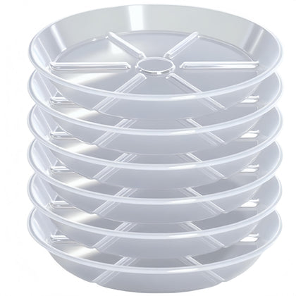 MSKIAUO 6-pack plant saucers in clear 10-inch size for efficient drainage control.