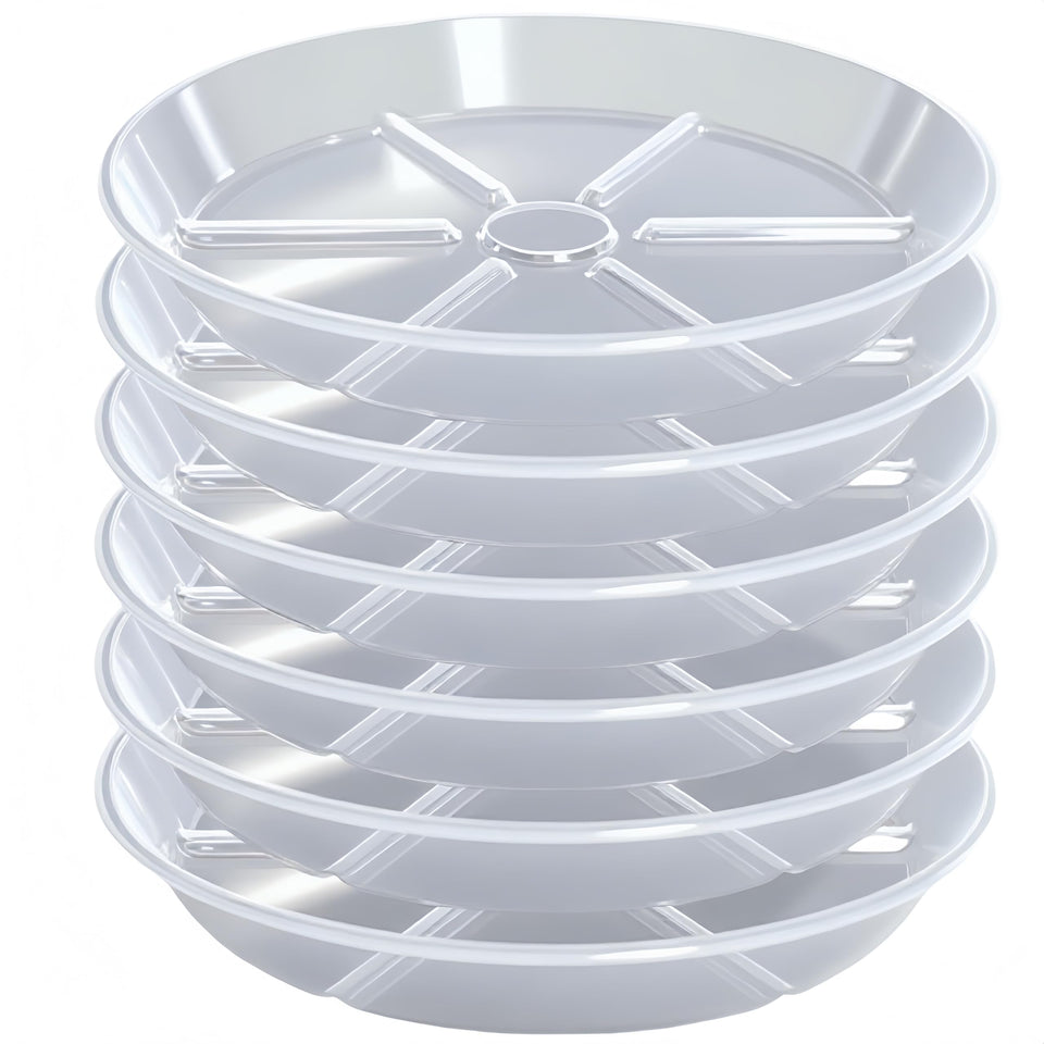 MSKIAUO 6-pack plant saucers in clear 10-inch size for efficient drainage control.