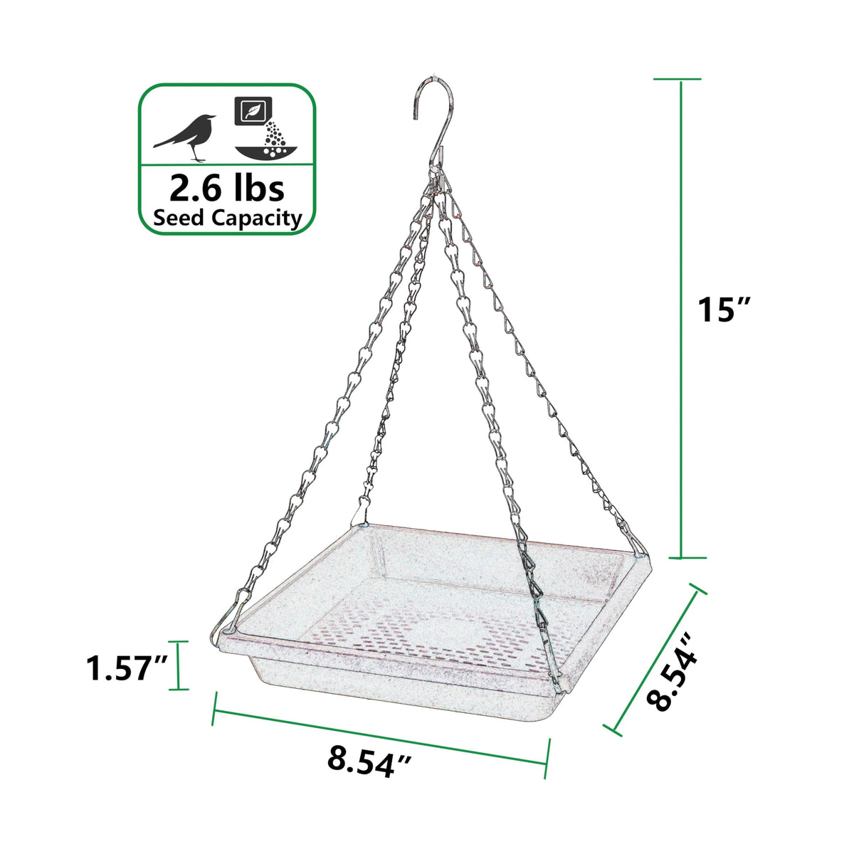 MSKIAUO green feeder tray with mesh design offers drainage and easy viewing of seeds.