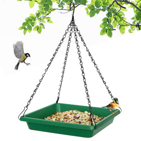 MSKIAUO large hanging bird feeder tray in green attracts bluebirds and cardinals with a roomy mesh platform.