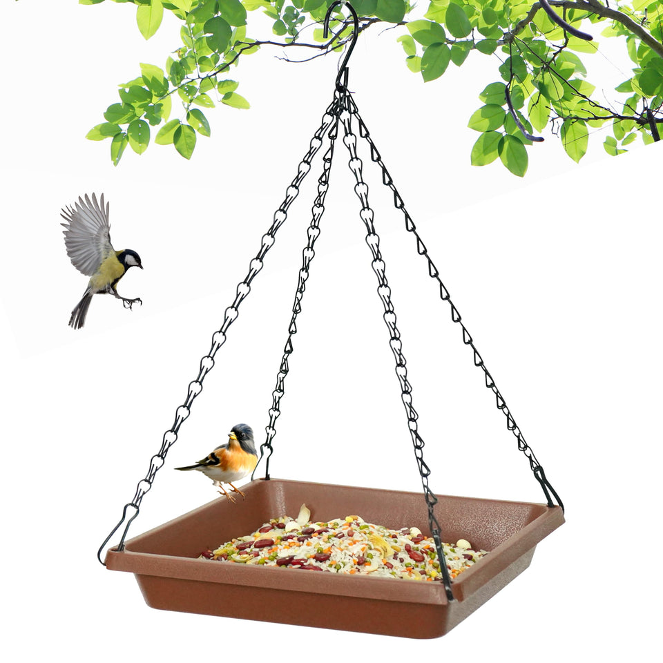 MSKIAUO large hanging bird feeder tray, ideal for backyard visits and easy filling.
