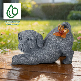 Msliding Solar Dog with Butterfly glowing at night, ideal for welcoming paths and patios