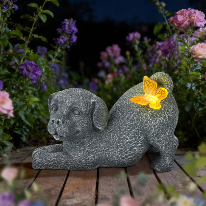 Msliding Solar Dog with Butterfly statue outdoors, adds gentle glow to gardens and memorial spaces