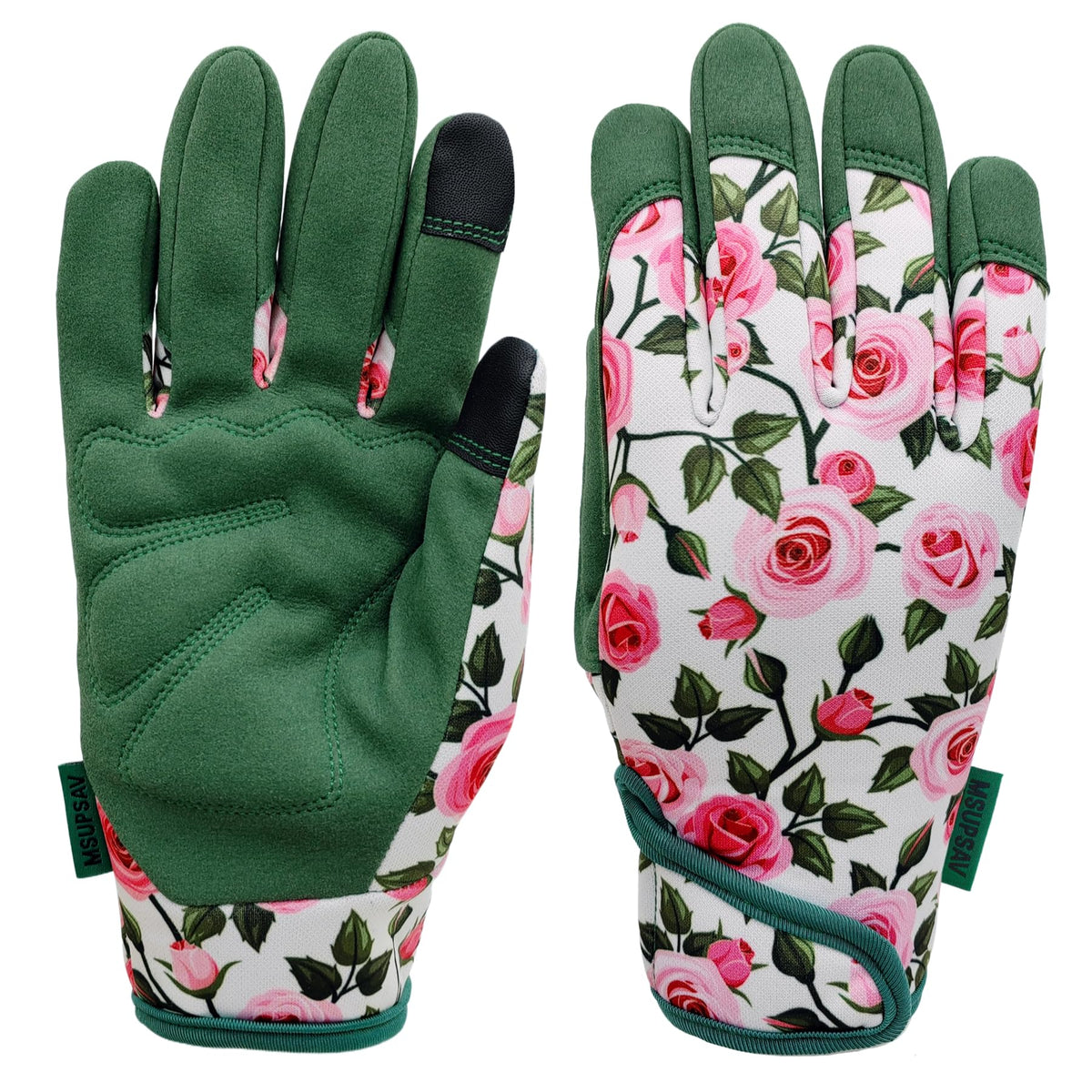 MSUPSAV gardening gloves with stretch back for flexible, breathable comfort.