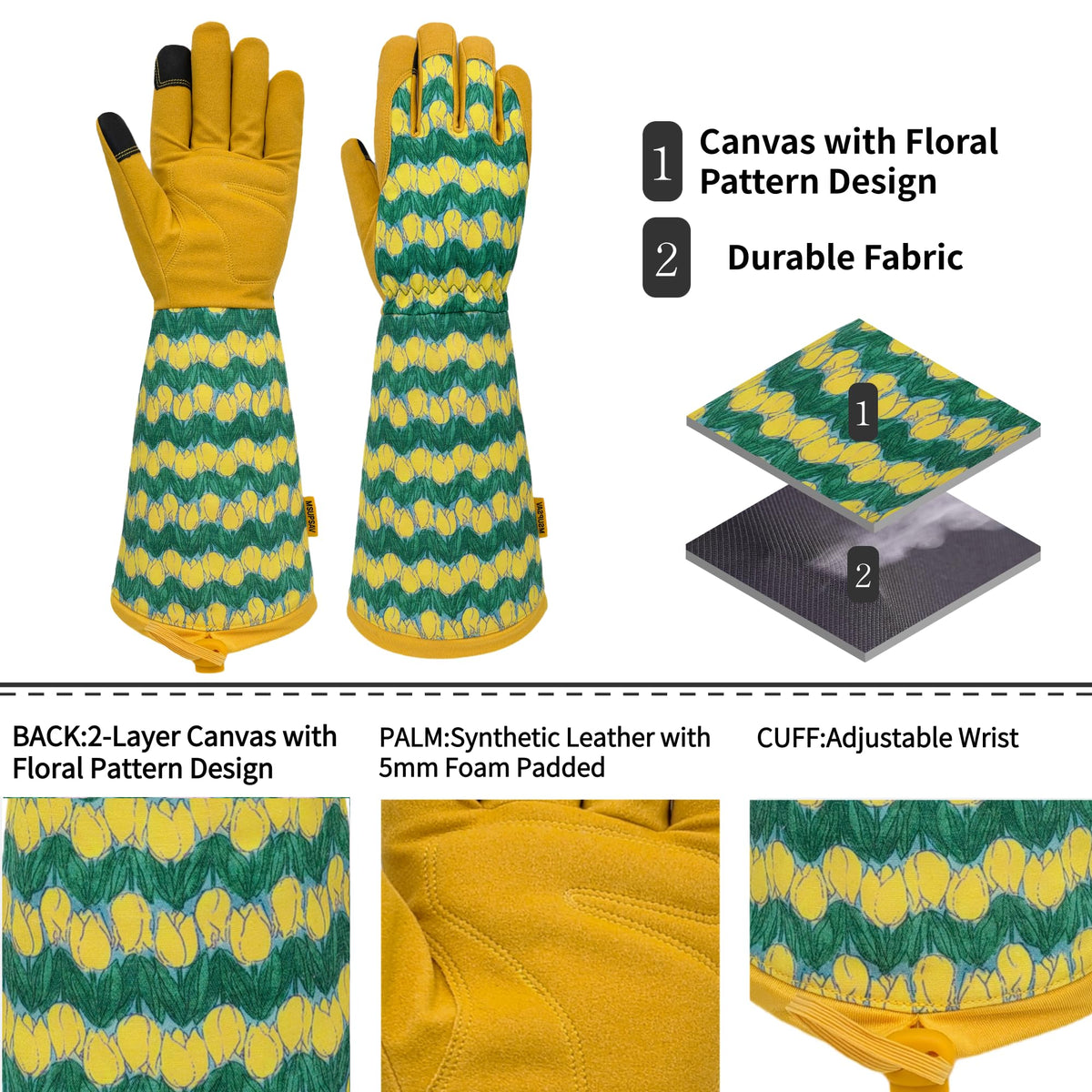 MSUPSAV long garden gloves with floral back pattern for breathable wear.