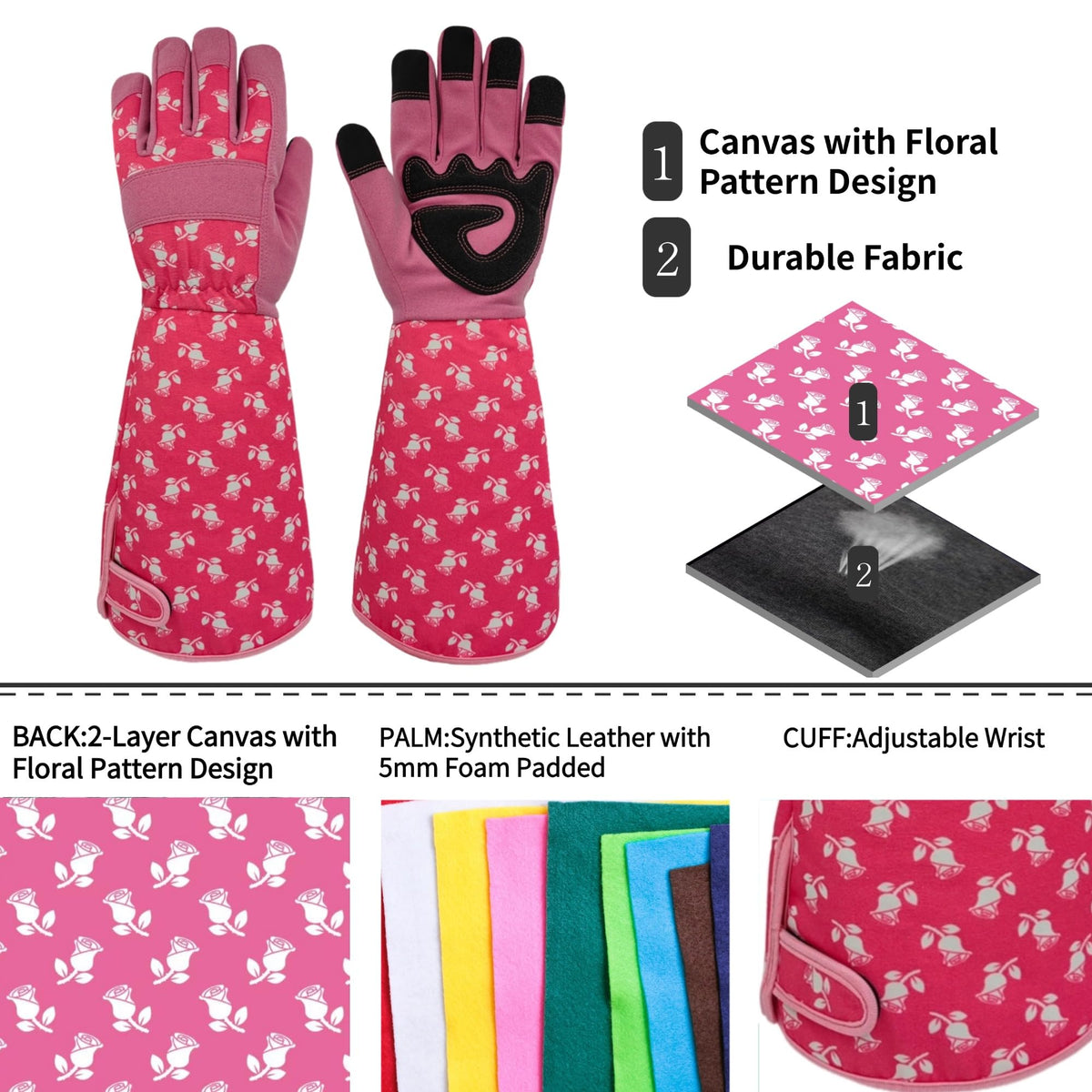 MSUPSAV Rose Pruning Gloves back view showing breathable floral fabric