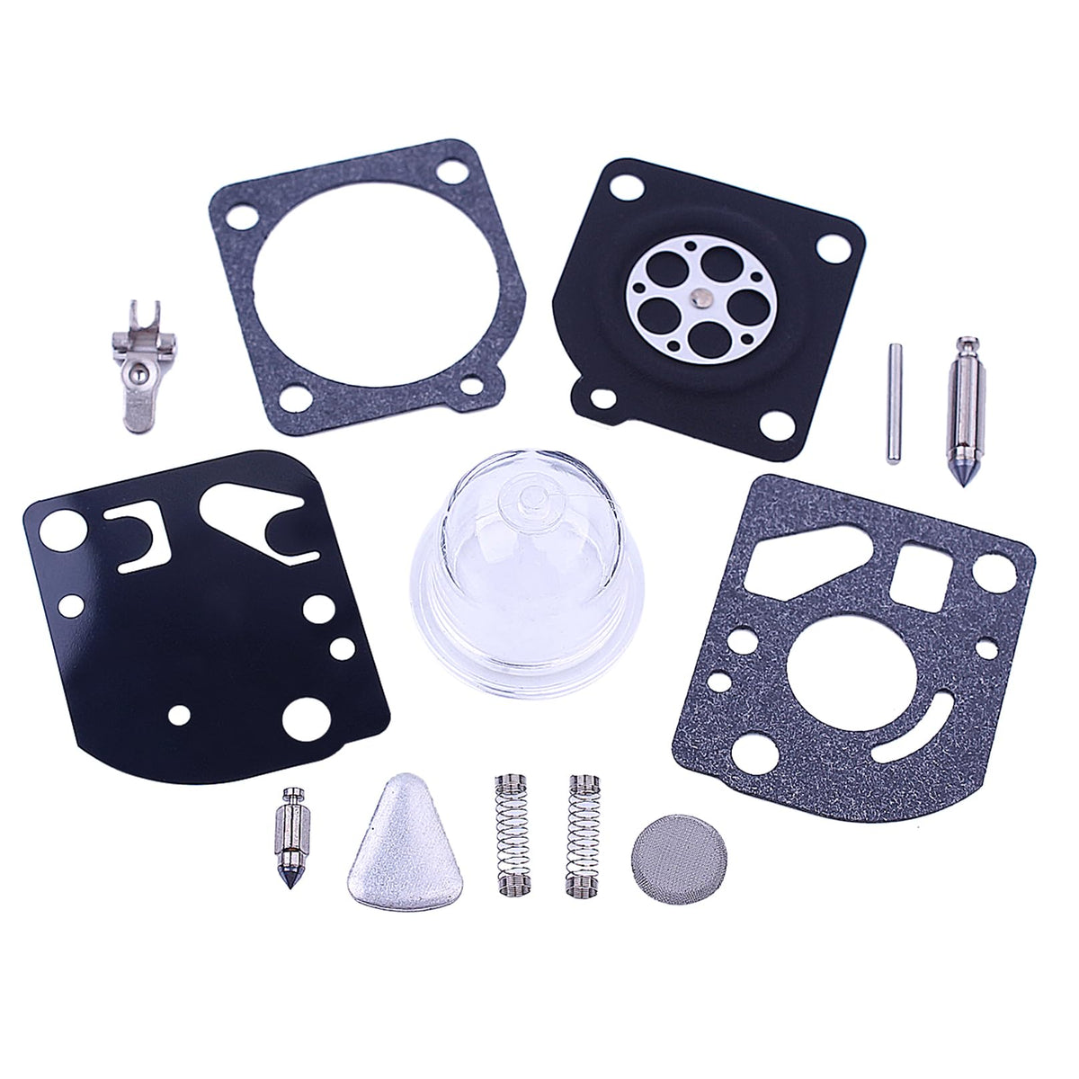 Mtanlo carb repair kit for Husqvarna 128R, gaskets arranged for quick maintenance.