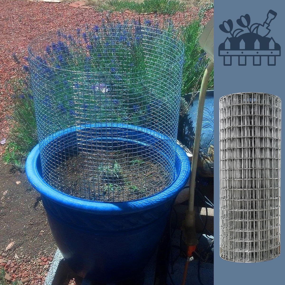 MTB Garden fence installed along garden bed with pets nearby.