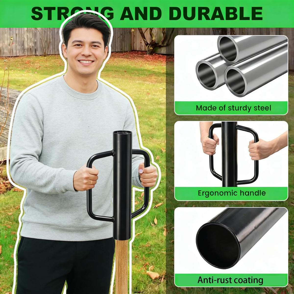 MTB Garden T-post driver with two handles reduces hand strain.