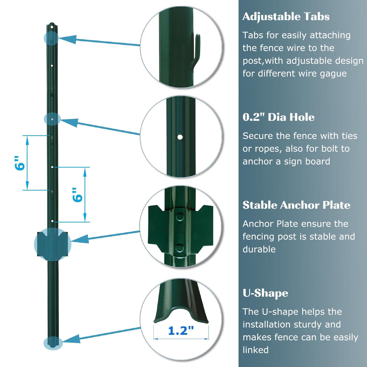 MTB Supply green steel U-channel fence post for strong garden support