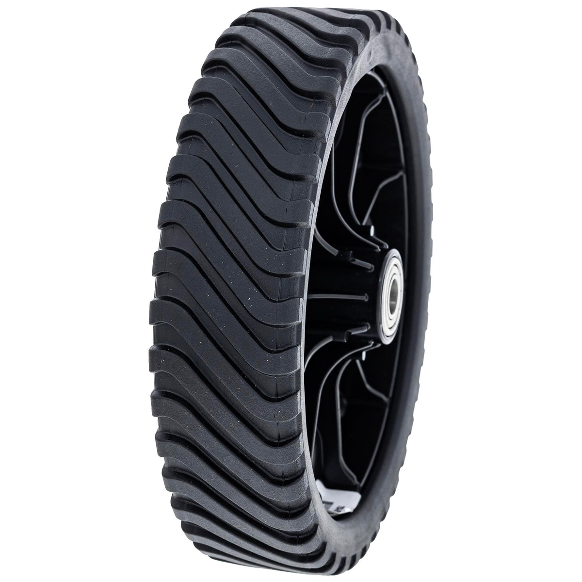 MTD Genuine Parts 753-08175 wheel assembly on mower demonstrates OEM compatibility.