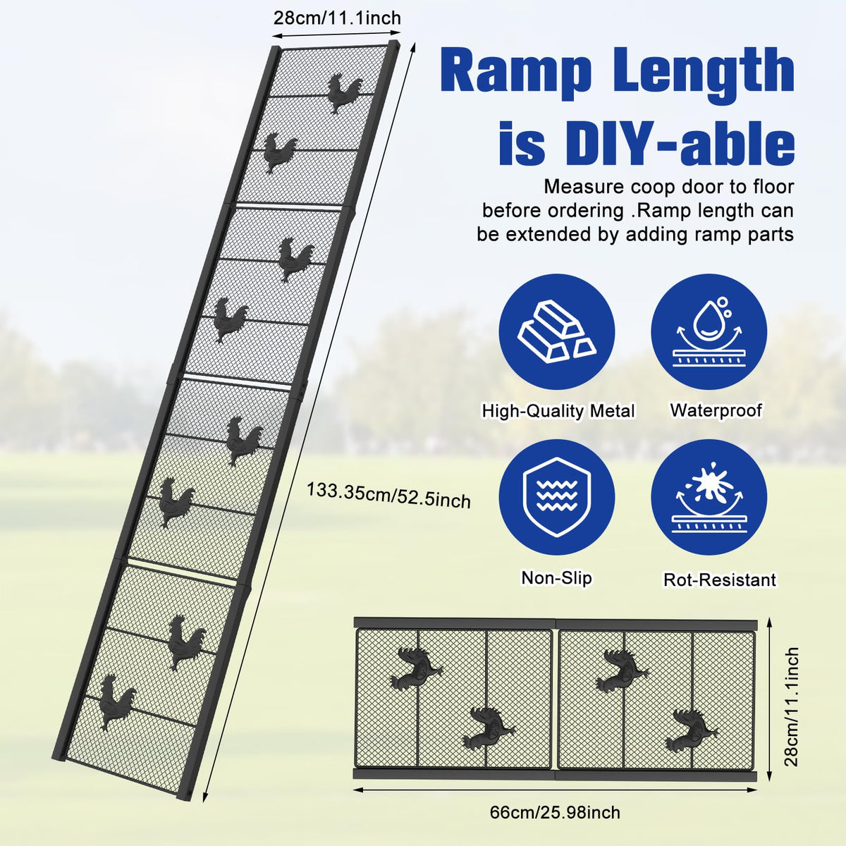 MTGSTOCL coop ramp shows adjustable angle for different doorway heights.