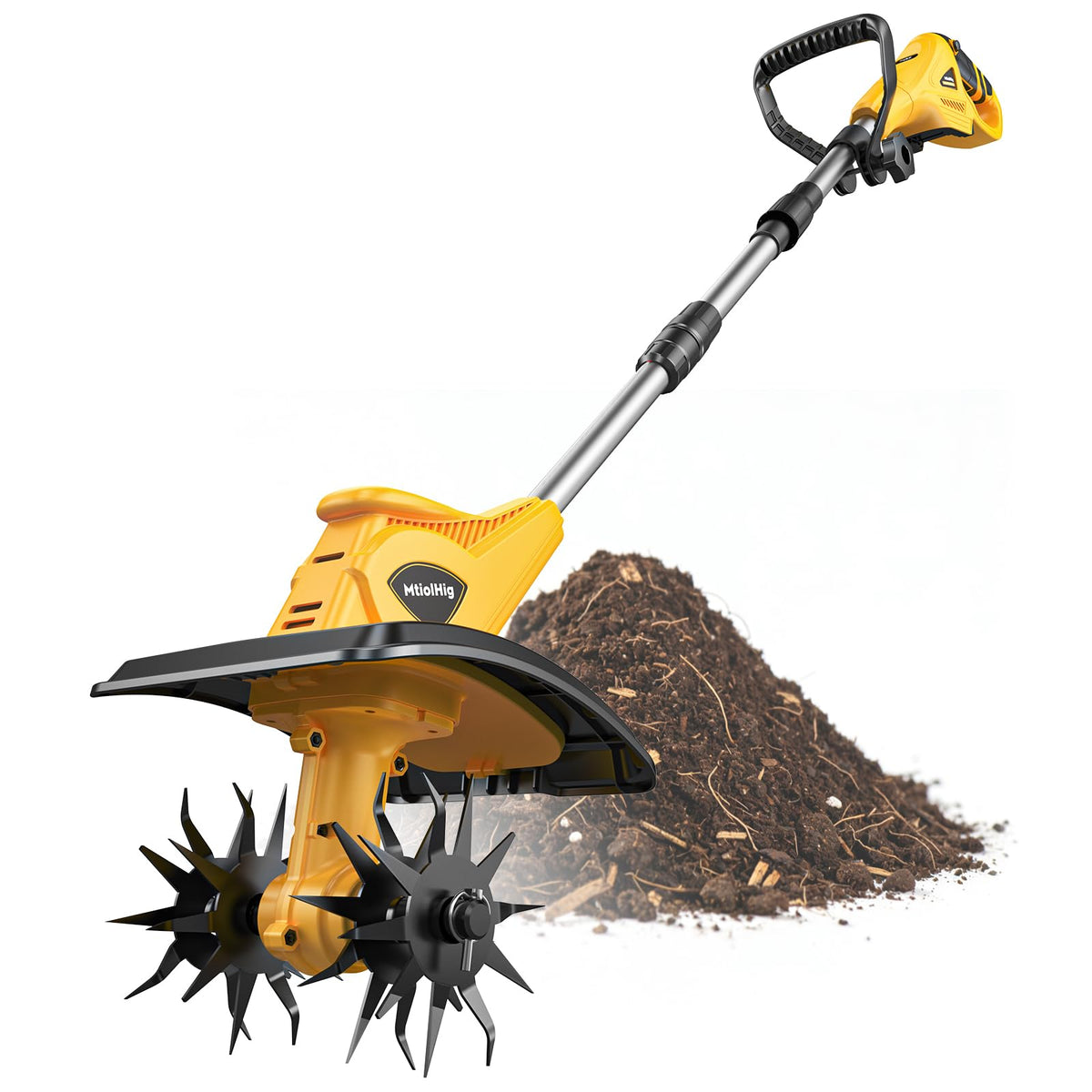MtiolHig cordless tiller demonstrates battery compatibility for cord-free gardening.