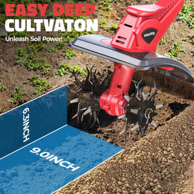 MtiolHig cordless tiller showing Milwaukee 18V compatibility for easy battery swaps.