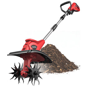 MtiolHig cordless tiller front view for easy cord-free gardening.