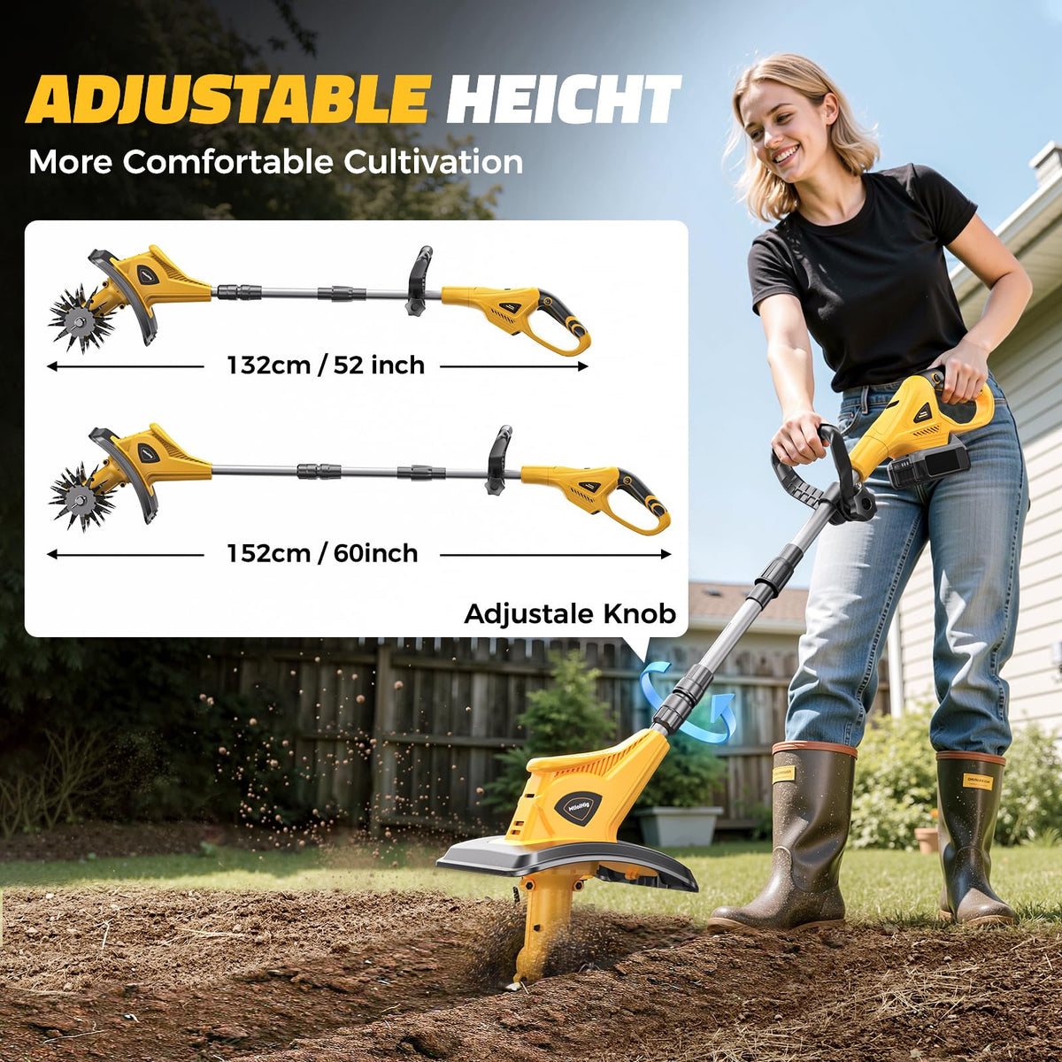 MtiolHig tiller with dual safety switch for safer use in garden.