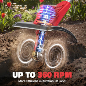 MtiolHig cordless tiller with 360rpm action enables fast soil prep.