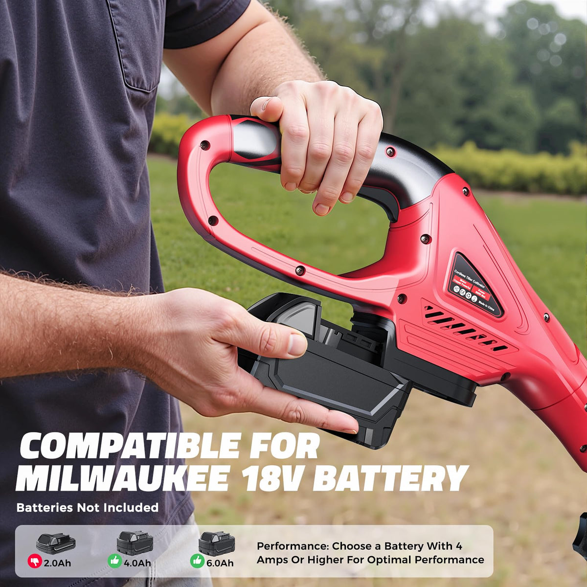 MtiolHig cordless tiller power display helps monitor runtime.