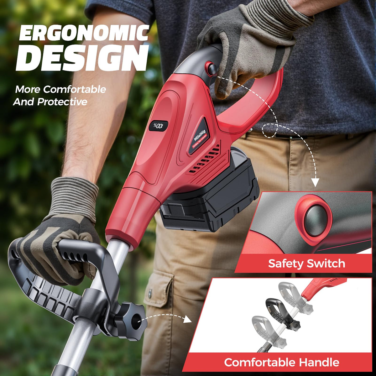 MtiolHig cordless tiller safety switch supports safe operation.