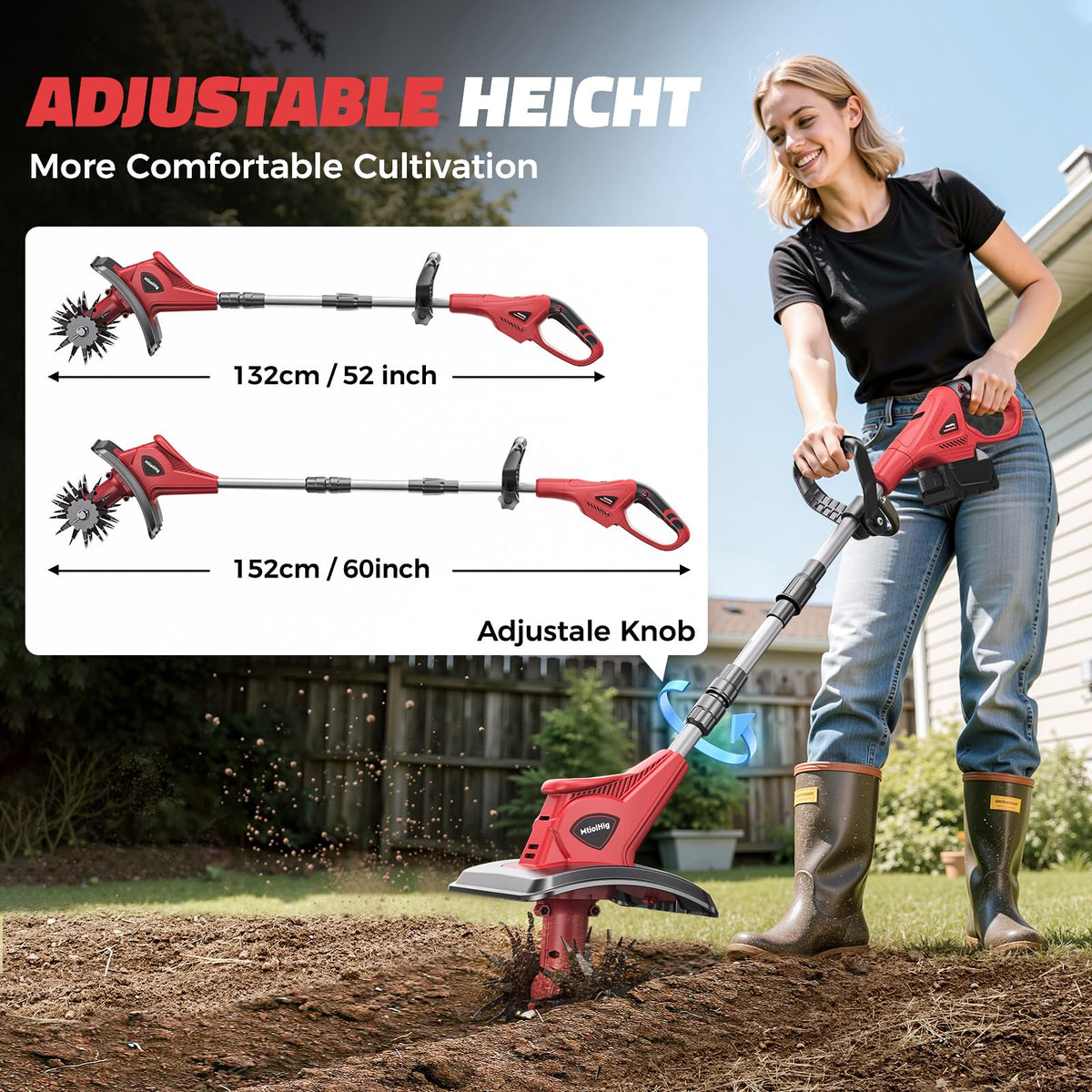 MtiolHig cordless tiller with 9in width and 6.3in depth for efficient tilling.