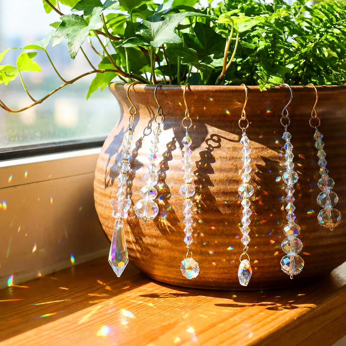 MTLEE crystal suncatcher glass hanging decor for plants creates rainbow light indoors