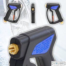 Reinforced plastic ribbing protects hand and hose during operation.