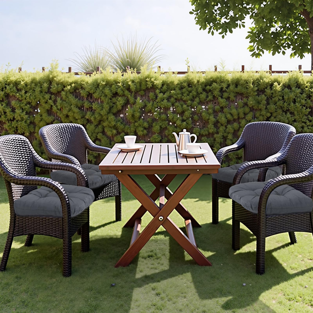 MTMR tufted-design outdoor cushions add stylish support to any patio seating.