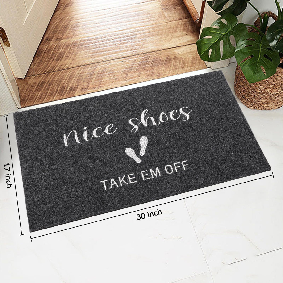 MTOUOCK welcome mat with TAKE EM OFF reminder helps guests remove shoes.